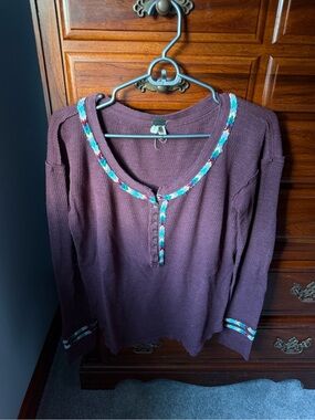 Free People Long Sleeve Knit Henley Top in Plum with Contrasting Trim